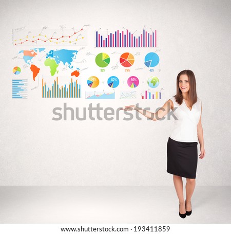 Business woman with colorful graphs and charts concepts