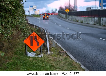 Temporary road sign indication road narrowing from right, Dublin, Ireland