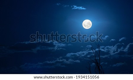 Full moon among clouds in night sky.