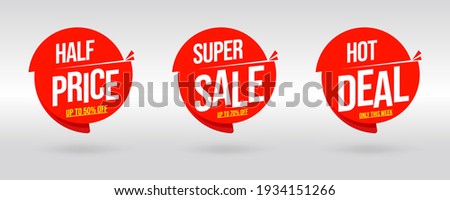 Sale template with limited offer up to 50 and 70 percent off. Red round badge, sticker, label with hot deal condition, half price super only this week vector illustration isolated on white background Royalty-Free Stock Photo #1934151266