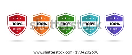 Shield Logo badge 100% genuine illustration template with stars. Get used to Security, Certified, Guarantee, Warranty, Assurance, etc. Vector illustration design template. Royalty-Free Stock Photo #1934202698