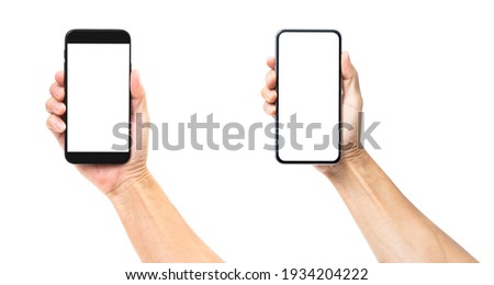 Man hand holding black smartphone isolated on white background, clipping path Royalty-Free Stock Photo #1934204222