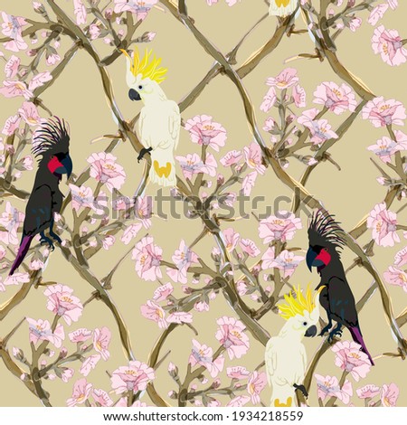 Black and white cockatoo parrots on a lattice of pink almond branches. Seamless vector pattern. Tropical birds and flowers. Square design for fabric, wallpaper, wrapping, invitation.