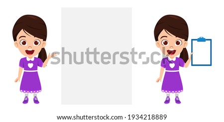 Cute smart kid girl character wearing beautiful outfit and holding clipboard pointing to blank board