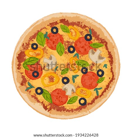 Vector illustration of hand drawn pizza with cheese. Tasty Italian pizza topped with mushrooms, olives, bell pepper, pepperoni and basil.