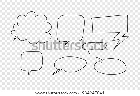 Hand drawn set of doodle speech bubbles. Vector pop art objects on transparent background