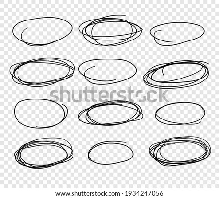 Hand drawn set of objects for design use. Black Vector doodle ellipses on transparent background.  Abstract pencil drawing. Artistic illustration elements