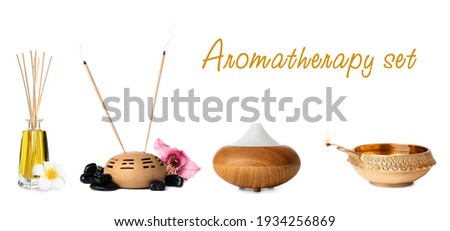 Incense sticks and other items for aromatherapy on white background, collage. Banner design Royalty-Free Stock Photo #1934256869