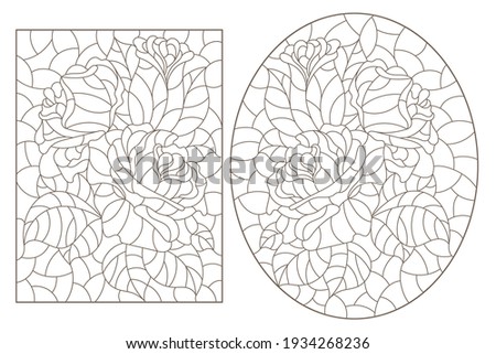 Set of contour illustrations in stained glass style with abstract flowers, dark outlines on a white background