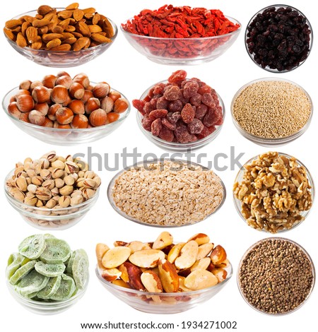 Collage of different bulk food, nuts and dried fruits isolated on white background Royalty-Free Stock Photo #1934271002