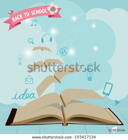 Opened flying books with application icon, modern template design. Vector illustration.