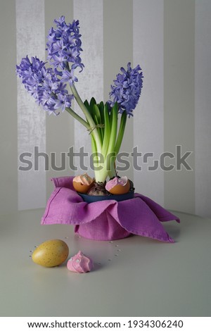 spring still life with hyacinths, eggs and meringues in pink lilac tones, selective focus. High quality photo