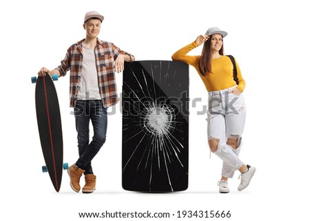Teenagers leaning on a phone with a broken screen isolated on white background