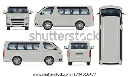 Minibus vector mockup. Isolated template of minivan on white for vehicle branding, corporate identity. View from side, front, back, top. All elements in the groups on separate layers for easy editing Royalty-Free Stock Photo #1934318477