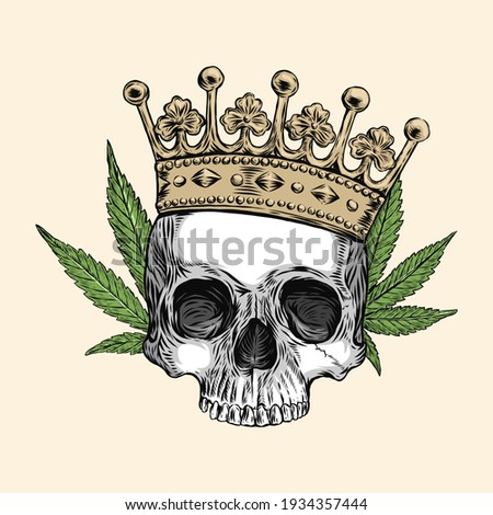 skull of human with crown and cannabis, hand drawing, vector illustration, Black and White