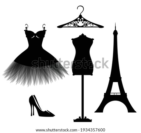 luxuriuos Paris haute couture fashion atelier design set with vector silhouettes of little black dress and eiffel tower