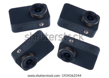 Set of compact action cameras of different angles isolated on a white background for shooting photos and videos
