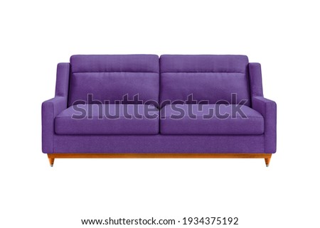 Purple fabric sofa on wooden legs isolated on white background. Series of furniture Royalty-Free Stock Photo #1934375192