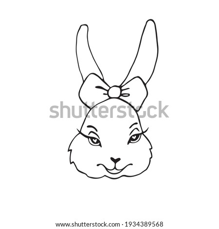 Head, muzzle of cute rabbit, hare, bunny. Vector contour hand drawn illustration, clipart, children's design element for Easter, coloring books