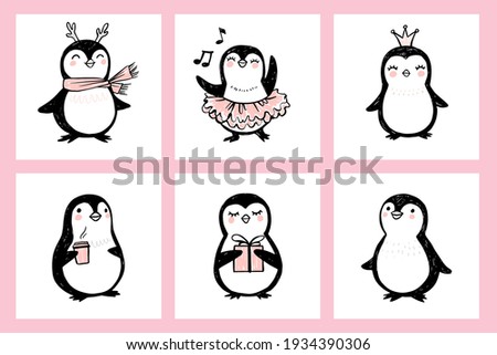 Cute doodle penguin illustrations. Vector animals isolated on white, naive art. Hand drawn penguins character with gift box, coffee, scarf, princess, dress. Sketch style.