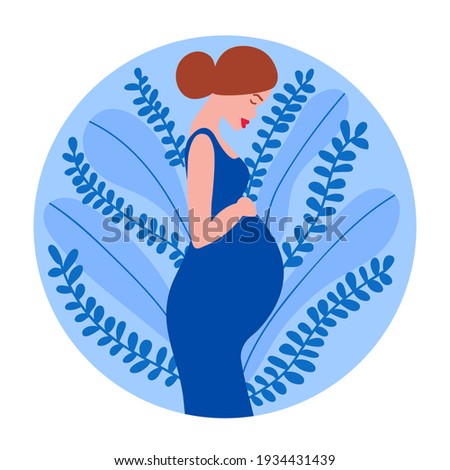 Vector pregnant woman with big belly. Woman holds her belly. Vector stock illustration. Pregnancy flat logo. Different leaves background. Cobalt color.