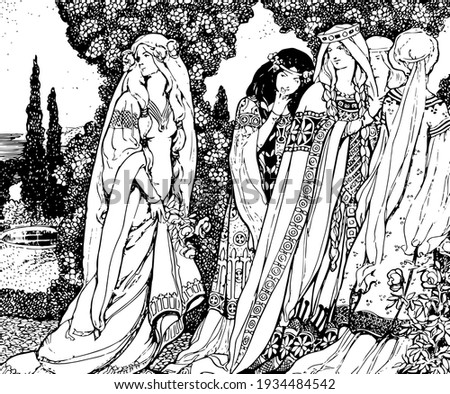 Geoffry, this scene shows group of females going somewhere, vintage line drawing or engraving illustration