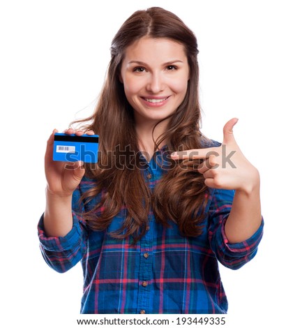 beautiful friendly smiling confident girl showing red card in hand, isolated