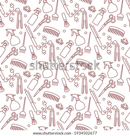 Vector Seamless pattern Illustration Professional hairdresser tools Barbershop Beauty Hairdressing salon Glamour fashion vogue style Comb, hair straighteners, curling tongs, scissors Design for print Royalty-Free Stock Photo #1934502677