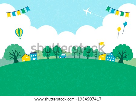illustration of green tree and little town