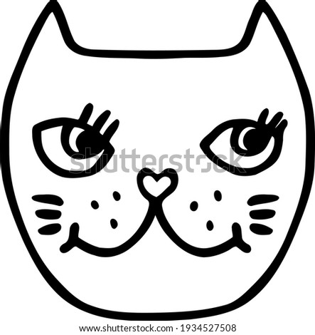Funny cat icon, hand drawn in black outline. Vector simple illustration with cute kitty muzzle. A friendly adorable pet for kids' pictures. Cartoon clip-art with cool animals for preschool design. 