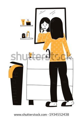 The girl brushes her teeth in the bathroom near the cabinet with a sink in front of the mirror. Doodle style illustration black and white with a bright orange accent.