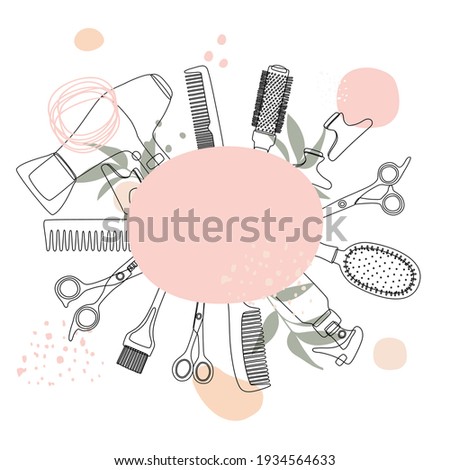 Hair salon logo, barber tools around a pink oval. Contour hairdressers accessories, hair dryer, comb, scissors and abstraction. Vector illustration, frame, template for design and information. Royalty-Free Stock Photo #1934564633