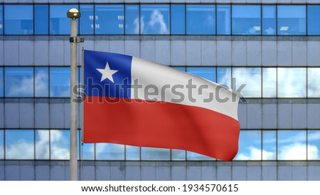 3D illustration Chilean flag waving in a modern skyscraper city. Beautiful tall tower with Chile banner blowing smooth silk. Fabric texture ensign background. National day and country concept.