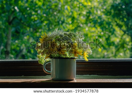 Closeup view photography of cute small bouequet of simple white and yellow field flowers standing on window sill of house indoor
