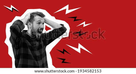 Young man madly shocked, wondered holding head. Collage in magazine style with bright red background. Flyer with trendy colors, copyspace for ad. Discount, sales season, fashion and style concept.