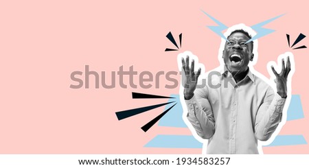 African man crazy, mad screaming. Collage in magazine style with pastel coral pink background. Flyer with trendy colors, copyspace for ad. Discount, sales season, fashion and style concept.