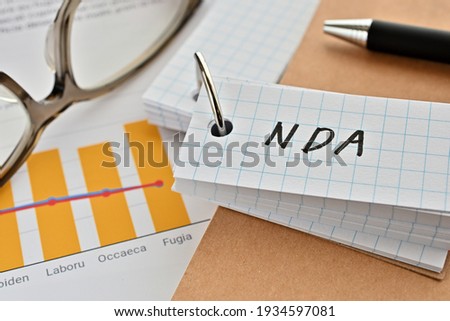 There is a word book with the word of NDA which is an abbreviation for Non-Disclosure Agreement on the desk with papers of graphs(with dummy text), a pen and glasses.