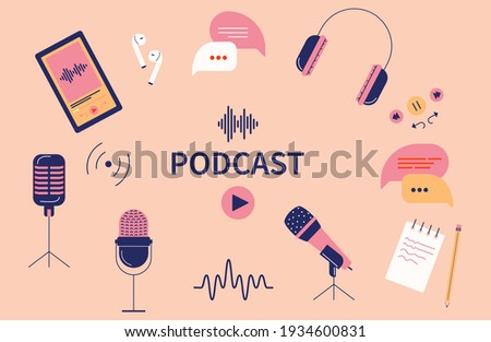 Podcast bundle of items that include headphones, mobile phone, speech bubbles, a notepad and sound waves.