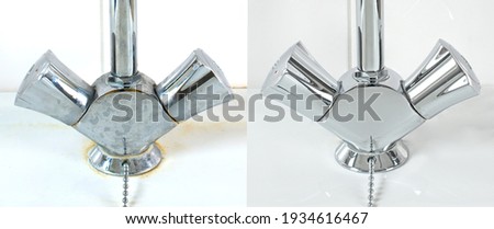 Compare image before- after cleaning with special detergent of the dirty stainless faucet cover with dirty hard calcium water stain in the bathroom. Old dirty faucet with clean and shiny like new. 
 Royalty-Free Stock Photo #1934616467