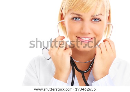 A picture of a young doctor with stethoscope smiling over white background