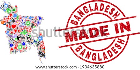 Service mosaic Bangladesh map and MADE IN grunge rubber stamp. Bangladesh map mosaic created with wrenches, cogs, screwdrivers, components, vehicles, power sparks, rockets.