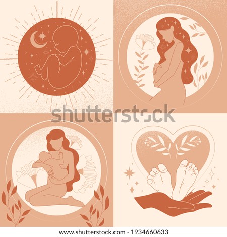 Motherhood, Maternity, Pregnancy, Childbirth and Baby concept with sequential scenes with foetus, pregnant woman, newborn baby suckling and baby in hands, set of monochrome vector illustrations Royalty-Free Stock Photo #1934660633