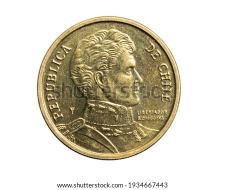 Chile ten pesos coin on a white isolated background