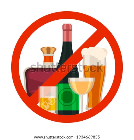 No alcohol icon. Alcoholic drink prohibition sign with cartoon beer glass, wine and whiskey bottle in red circle. Ban beverage vector symbol Royalty-Free Stock Photo #1934669855