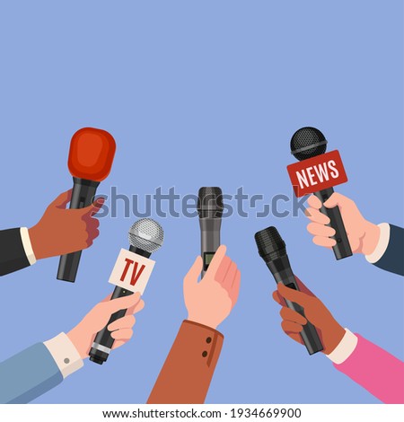 Journalist hands with microphones. Reporters with mics take interview for news broadcast, press conference or newscast. Media vector concept