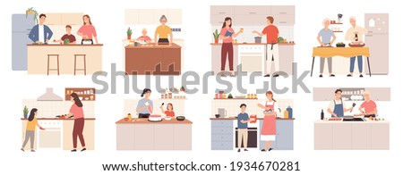 Family cooking at home. Parents, grandparents and kids preparing food for dinner, bake cookies and cake. Mom and child at kitchen vector set Royalty-Free Stock Photo #1934670281