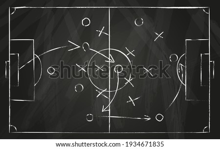 Football tactic scheme. Soccer game strategy with arrows on black chalk board. Coach attack plan for play on field top view vector concept