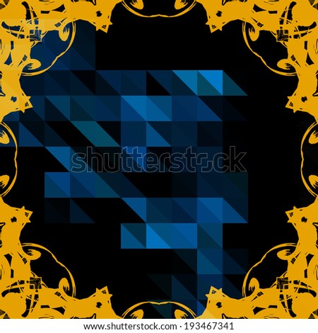 Grunge vector frame for text over blue triangles seamless pattern