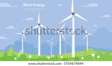 Wind power plant and factory. Wind turbines. Green energy industrial concept. Vector illustration in flat style. Wind power station background. Renewable energy vector design. Royalty-Free Stock Photo #1934674844