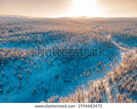 aerial view of winter in lapland finland. Landscape photo captured with drone above winter wonderland.